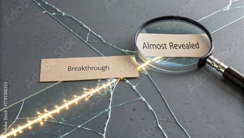 Cracked glass with Breakthrough revealed through magnifying lens