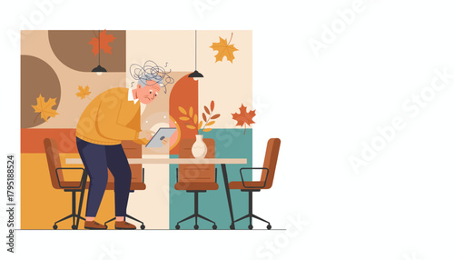 Senior man confused by tablet technology illustration of digital gap and frustration