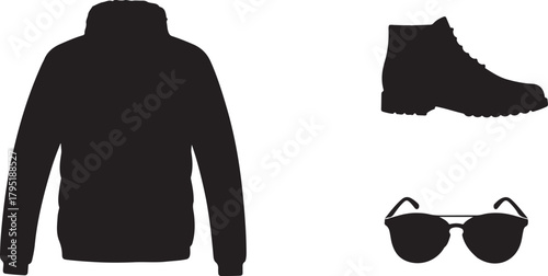 Essential clothing and accessories collection featuring a versatile jacket, sturdy boot, and stylish sunglasses, perfect for various daily activities and seasonal wear