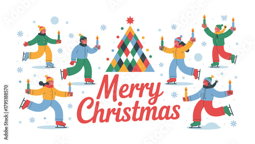 Winter Wonderland Cheer: A festive illustration showcasing joyful individuals ice skating with candles, a charming holiday scene featuring Christmas elements and a warm message of celebration.