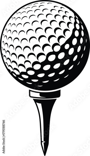 Detailed Black and White Golf Ball on Tee Illustration for Sports Designs
