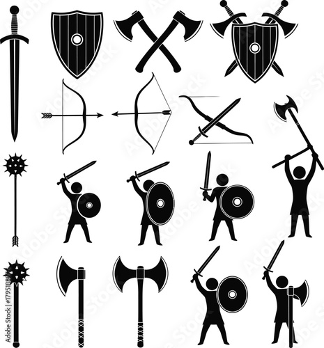 Medieval weapons vector set sword shield axe bow mace warrior silhouette eps
