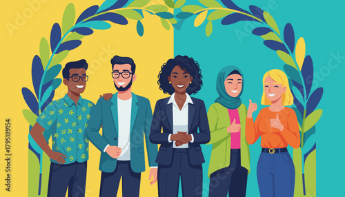 Diverse group of smiling colleagues celebrating success and collaboration in a professional environment