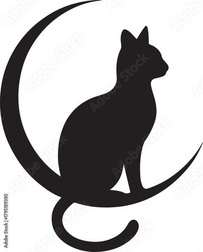 Mysterious Black Cat Silhouette Sitting on a Crescent Moon