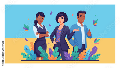 Diverse business team collaboration surrounded by nature elements representing growth and success