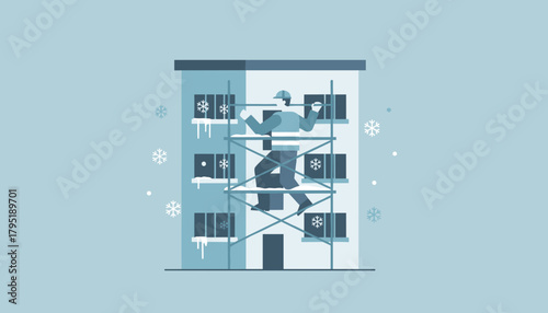 Repairman working on building exterior scaffolding in cold winter weather flat vector illustration