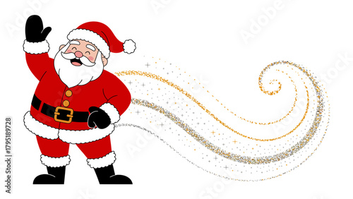 Santa's Festive Farewell: A cheerful figure, dressed in traditional attire, bids a whimsical farewell, his animated form trailing a magical swirl of festive sparkle.