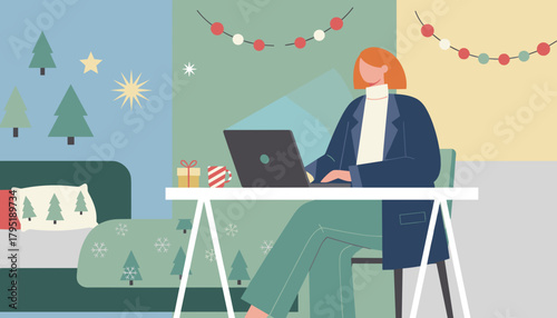 Woman working remotely on laptop in a cozy Christmasdecorated home office