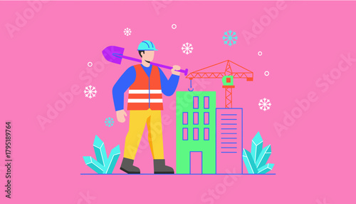 Builder on construction site holding shovel in flat design style Building industry concept