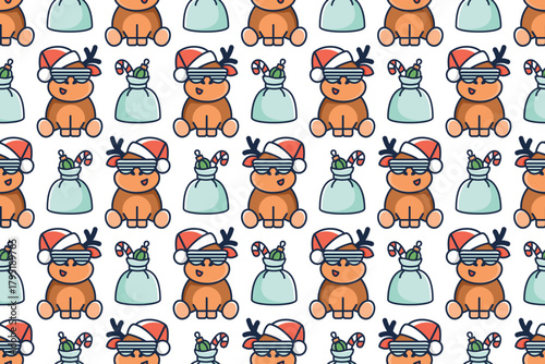 Christmas seamless pattern. New Year background with cute baby deer, gifts, toys. Santa bag with various surprises. Festive greeting texture with funny character. Vector illustration