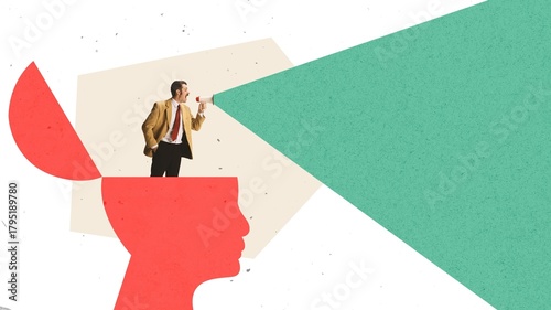 Photos Conceptual composition of a man shouting through megaphone inside head silhouette