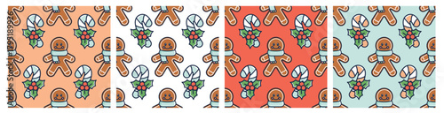 Set of Christmas seamless patterns. Xmas background with funny Doodle characters.  Traditional festive biscuitand candy. Wintertime design. Vector illustration