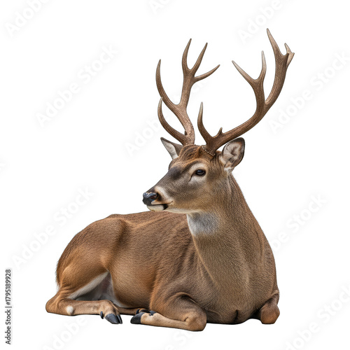 Majestic Deer with Large Antlers Lying Down and Facing Left in a Detailed Stippling Art Style on a Transparent Background