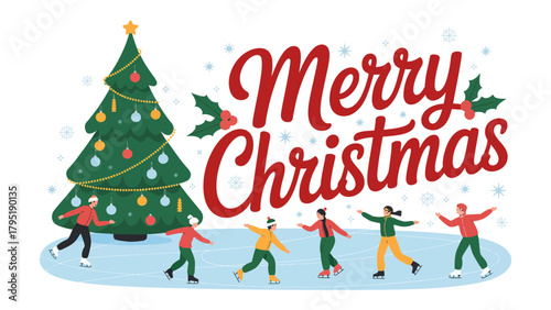 Christmas Celebration: People are ice skating around a Christmas tree, filled with ornaments and lights, accompanied by a 'Merry Christmas' message and falling snow.