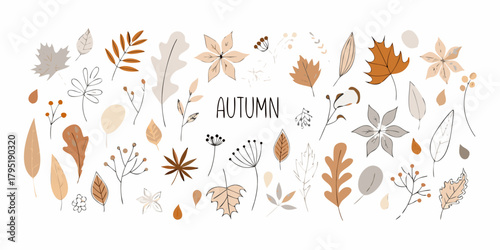 Collection of hand drawn autumn leaves and flowers in warm earthy tones