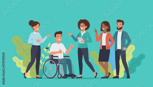 Diverse business team supporting a disabled colleague in a wheelchair illustrating workplace inclusion