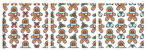 Set of New Year seamless patterns with Christmas cookies. Gingerbread man with festive ribbon, jingle bells, holly. Flat outline Doodle characters. Traditional biscuit in  Winter  clothes. Vector