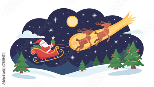 Santa's Celestial Journey: Santa Claus, merrily piloting a sleigh laden with Christmas trees, soars through a starry night sky, escorted by reindeer on a radiant comet.