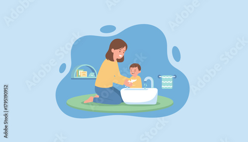 Happy mother teaching toddler son proper handwashing hygiene in the bathroom Family care and routine
