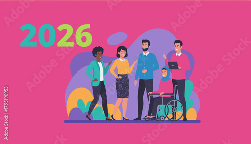 Diverse business team ready for 2026 Inclusion teamwork and future success illustration