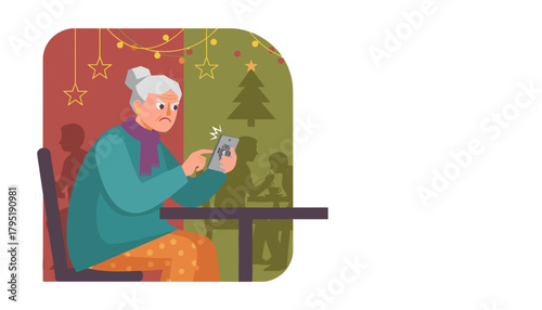 Frustrated elderly woman dealing with mobile technology issues in a festive setting