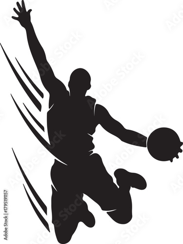Dynamic Silhouette of a Basketball Player Executing a Powerful Slam Dunk Motion