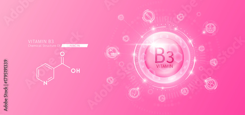 Synthetic natural vitamin B3 in hexagonal dome pink. Surrounded by fruit, vegetable, syringe, pills and IV bag icons. Chemical structure of Niacin. Medical scientific concepts. Vector.