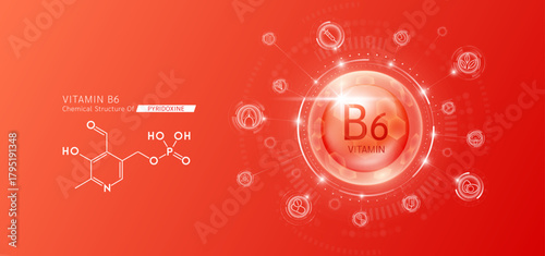 Synthetic natural vitamin B6 in hexagonal dome red. Surrounded by fruit, vegetable, syringe, pills and IV bag icons. Chemical structure of Pyridoxine. Medical scientific concepts. Vector.