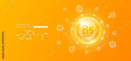 Synthetic natural vitamin B5 in hexagonal dome orange. Surrounded by fruit, vegetable, syringe, pills and IV bag icons. Chemical structure of Pantothenic acid. Medical scientific concepts. Vector.