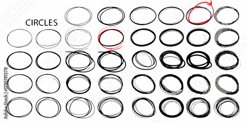 Collection of hand drawn circles and ovals with different textures and styles
