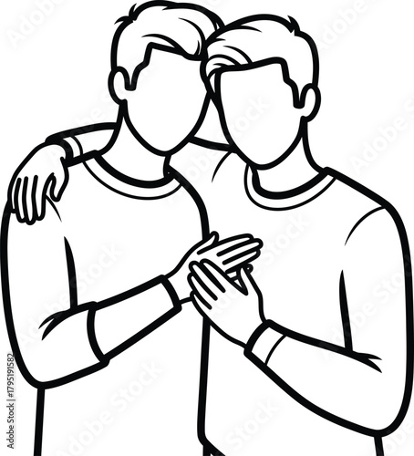 Illustration of two men hugging and holding hands in black and white eps silhouette