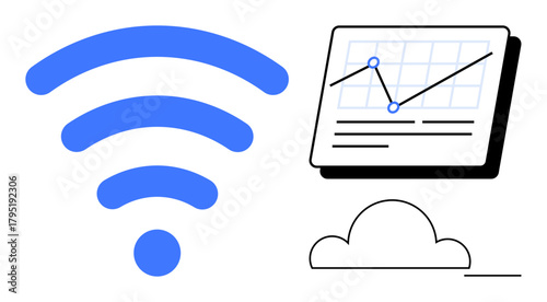 wireless signal icon next to line graph on a grid and cloud outline, symbolizing cloud computing, connectivity, and data analytics. Ideal for technology, communication, analytics, cloud platforms