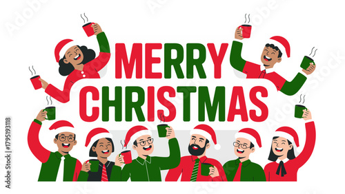 Warm Christmas Wishes: A cheerful gathering of individuals raises mugs in a festive toast, surrounded by the message of Merry Christmas.