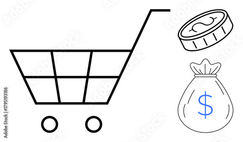 Shopping cart beside coin and sack of money highlights trading, finance, e-commerce, savings, spending, budgeting, and retail operations. Ideal for finance, marketing retail concepts simple flat