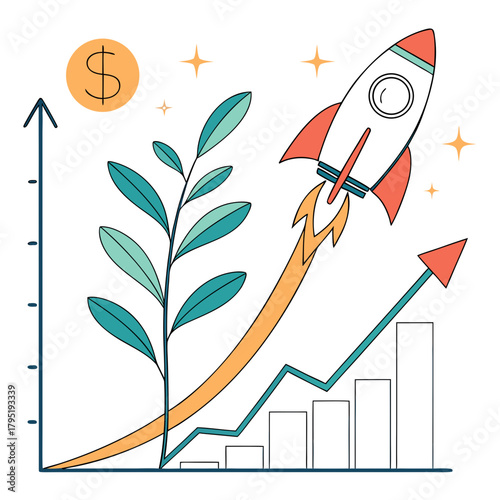 "Business Startup Launch Vector - Rocket Flying off Growth Chart for Financial Success and Rapid Development"
