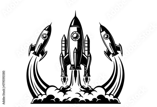 A dynamic black and white vector illustration captures a powerful, symmetrical launch of three stylized rockets ascending together on trails of smoke.