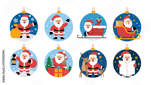 Festive Ornaments of Santa Claus: A collection of decorative ornaments showcases the jolly Santa Claus in various delightful poses. The ornaments exude holiday cheer and seasonal joy.