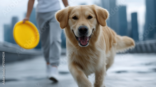 Golden retriever happily running with a frisbee in the city