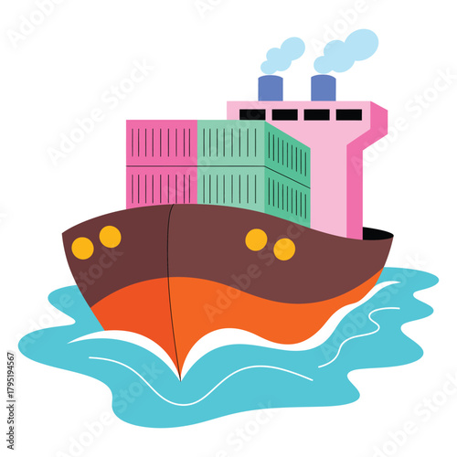 Front View Cargo Ship Vector Illustration – Modern Container Vessel on Ocean Waves, shipping boat, cargo ship