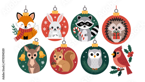 Festive Forest Ornaments: A charming array of circular ornaments, each adorned with a whimsical woodland creature, bringing a touch of nature's magic to the festive season. 