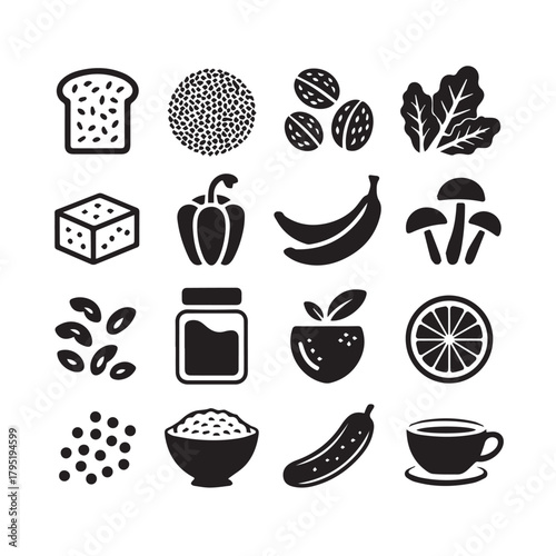 A collection of sixteen black and white food icons, showcasing a variety of healthy ingredients
