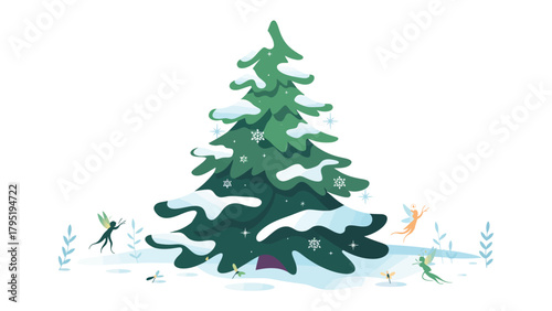 Enchanted Winter Scene: A whimsical winter scene featuring a snow-covered fir tree with playful elements, creating a charming festive atmosphere.