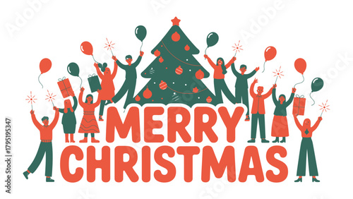 Joyful Christmas Gathering: Illustration of a joyous Christmas scene, with animated people, gifts, Christmas tree, and sparklers in the foreground.