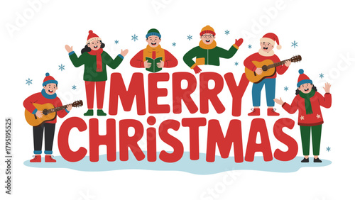 Merry Christmas Illustration: A festive illustration shows a group of carolers joyfully singing in celebration of Christmas, spreading warmth and holiday cheer.