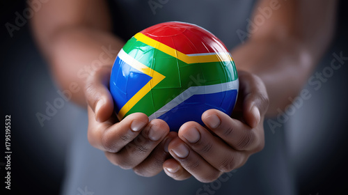 South African flag ball held up by hands in a vibrant display