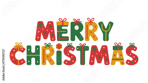 Merry Christmas Celebration: a lively and colorful illustration, with the words Merry Christmas adorned with gift box accents, sets a festive mood, inviting celebration and holiday cheer. 