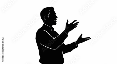 Silhouette of a man gesturing with hands during a presentation or speech.