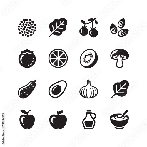 Black and white food icons set for healthy eating and nutrition needs in vector format