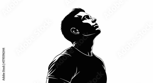 High contrast black and white graphic illustration of a man looking up.