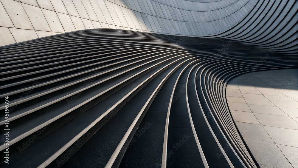 Obraz premium Curved Staircase with Flowing Panels – Modern Architecture, Fluid Design, Integrated Functionality, Light Surface, Dark Grooves, Contemporary Aesthetic